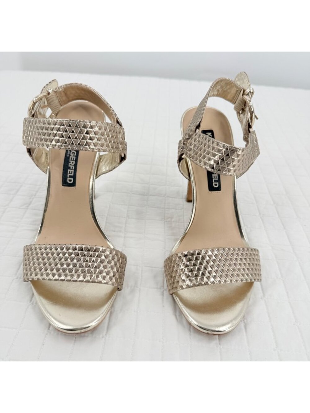 Karl Lagerfeld Gold Textured Leather Heels Size 7.5M, 4” Heel Adjustable Strap